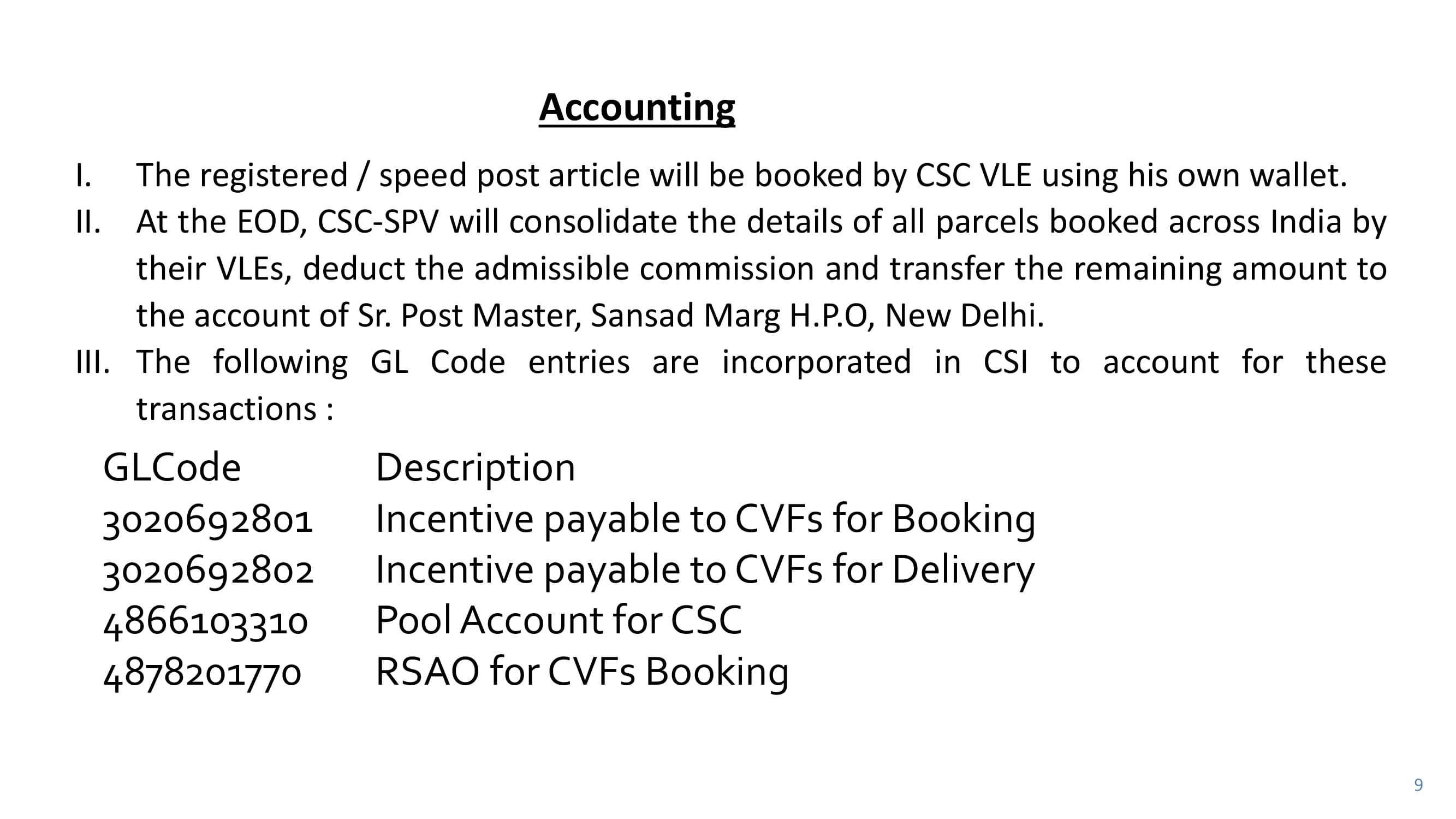 Procedure for Post Office for CSC Parcel Booking